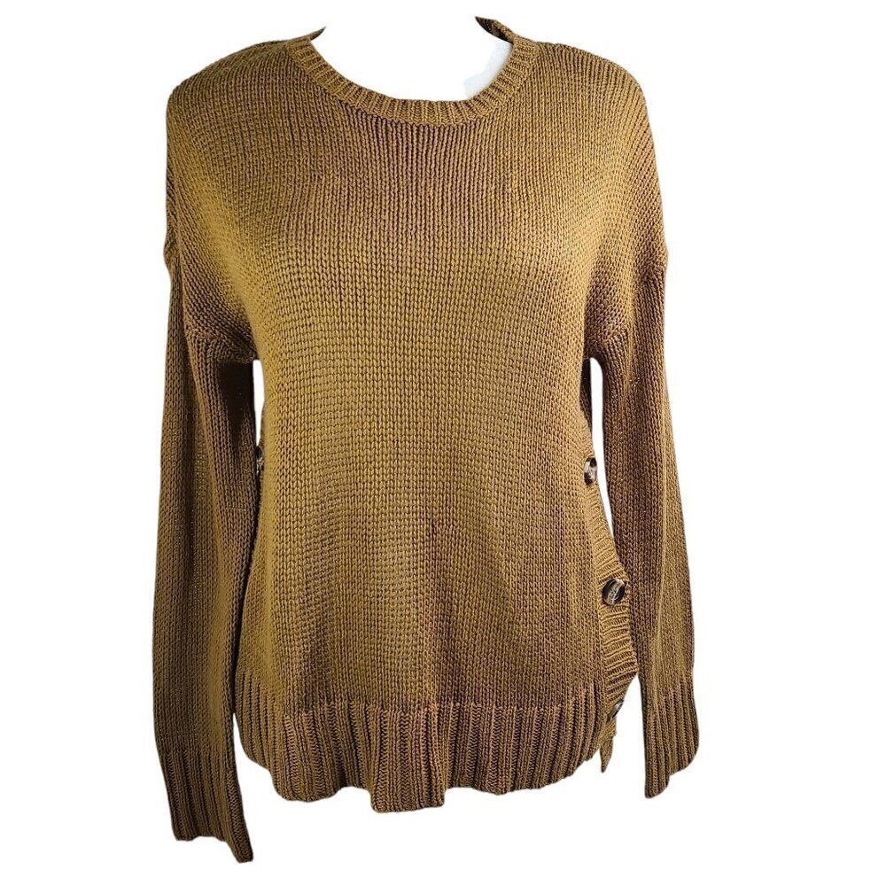 RDI Mustard Yellow Crew Neck Open Knit Nautical Button Oversized Sweater Top